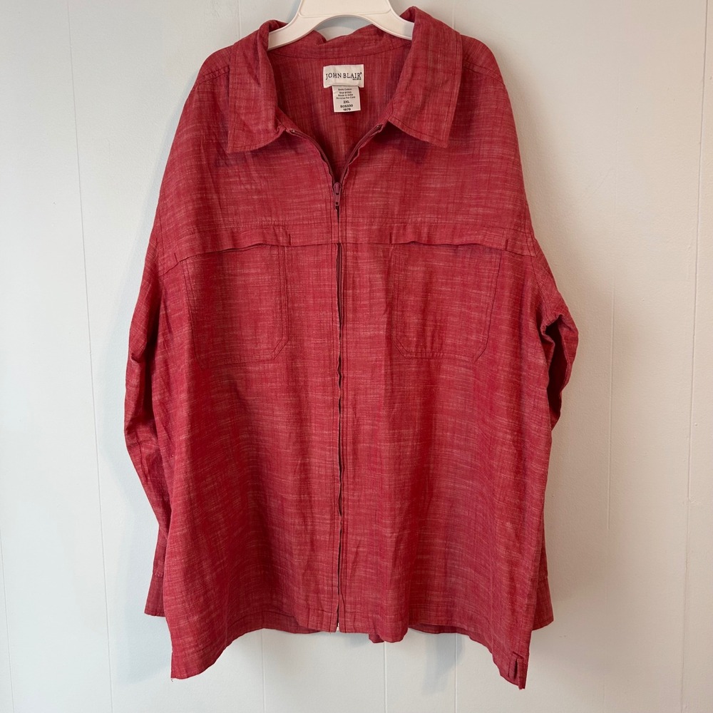 JOHN BLAIR Mens Red 100% Cotton Zipper Front‎ Collared Shirt 2XL